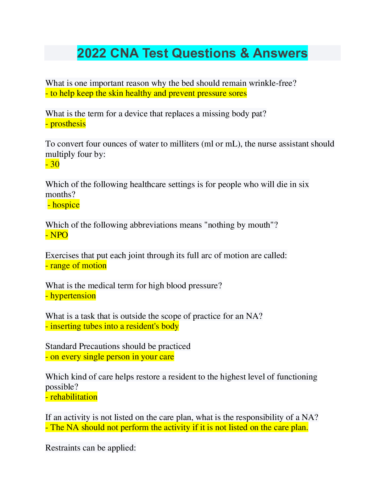 Preview image for   CNA Exam questions and answers 100% correct.